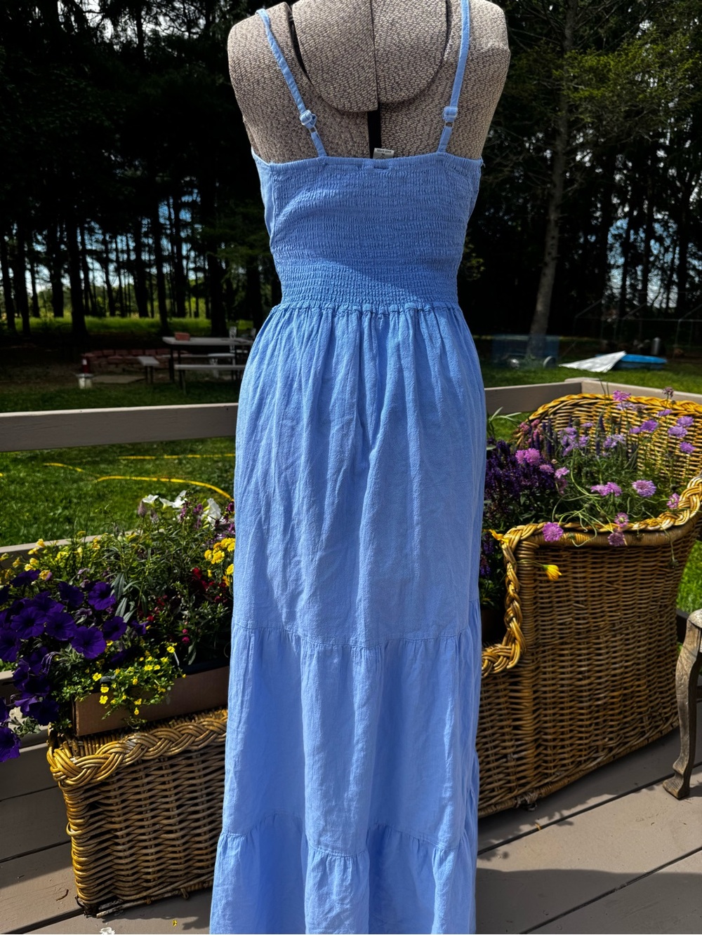 New Light Blue Smocked Maxi Dress with Tie Front - made in Peru - Picture 4 of 8